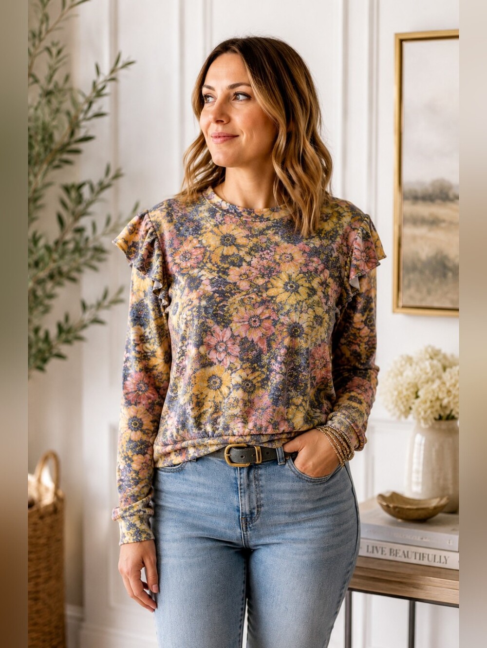 LC Lauren Conrad Floral Ruffle Shoulder Sweatshirt Top M Ultra Soft Cottagecore